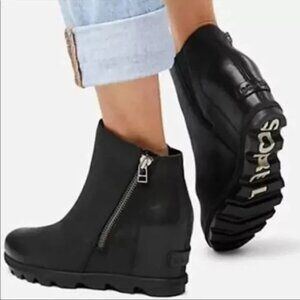 Sorel Joan of Arctic Wedge II Black Leather Zip Ankle Boot Bootie Sz 9.5
